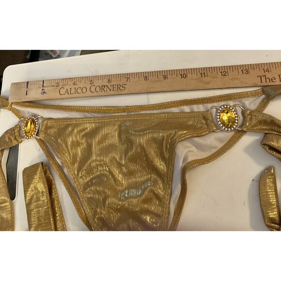 Sexy Women's Metallic Gold Bikini Set & Crystal Headband,triangle Halter, Large - Picture 8 of 14
